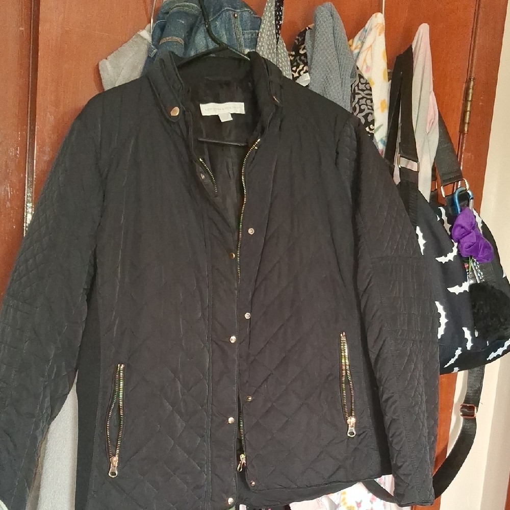 New York & Company Black Quilted Utility Jacket with Gold Accents